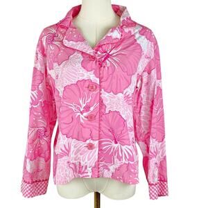 Lilly Pulitzer Button Down Pajama Shirt Top Pink Hibiscus Gingham Ric Rack MED